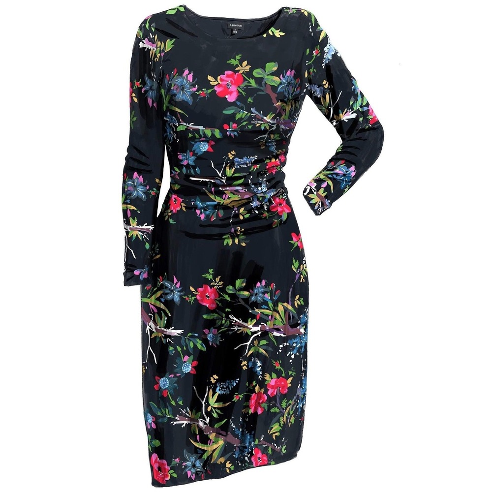 J Peterman Secret Keeper Black Floral Long‎ Sleeve Midi Dress Size 2